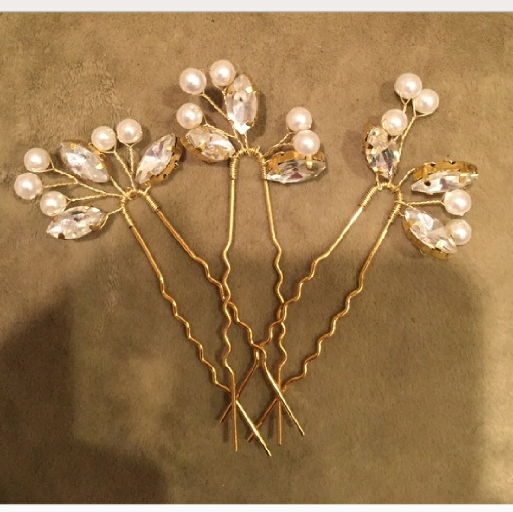 Gold, pearl, and crystal hairpins